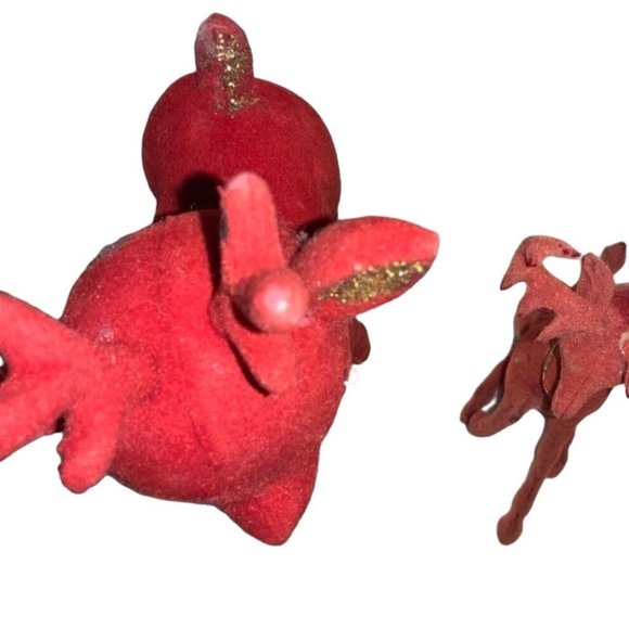 Red Flocked Felt Christmas Reindeer 2 Vintage Deer - Picture 14 of 16
